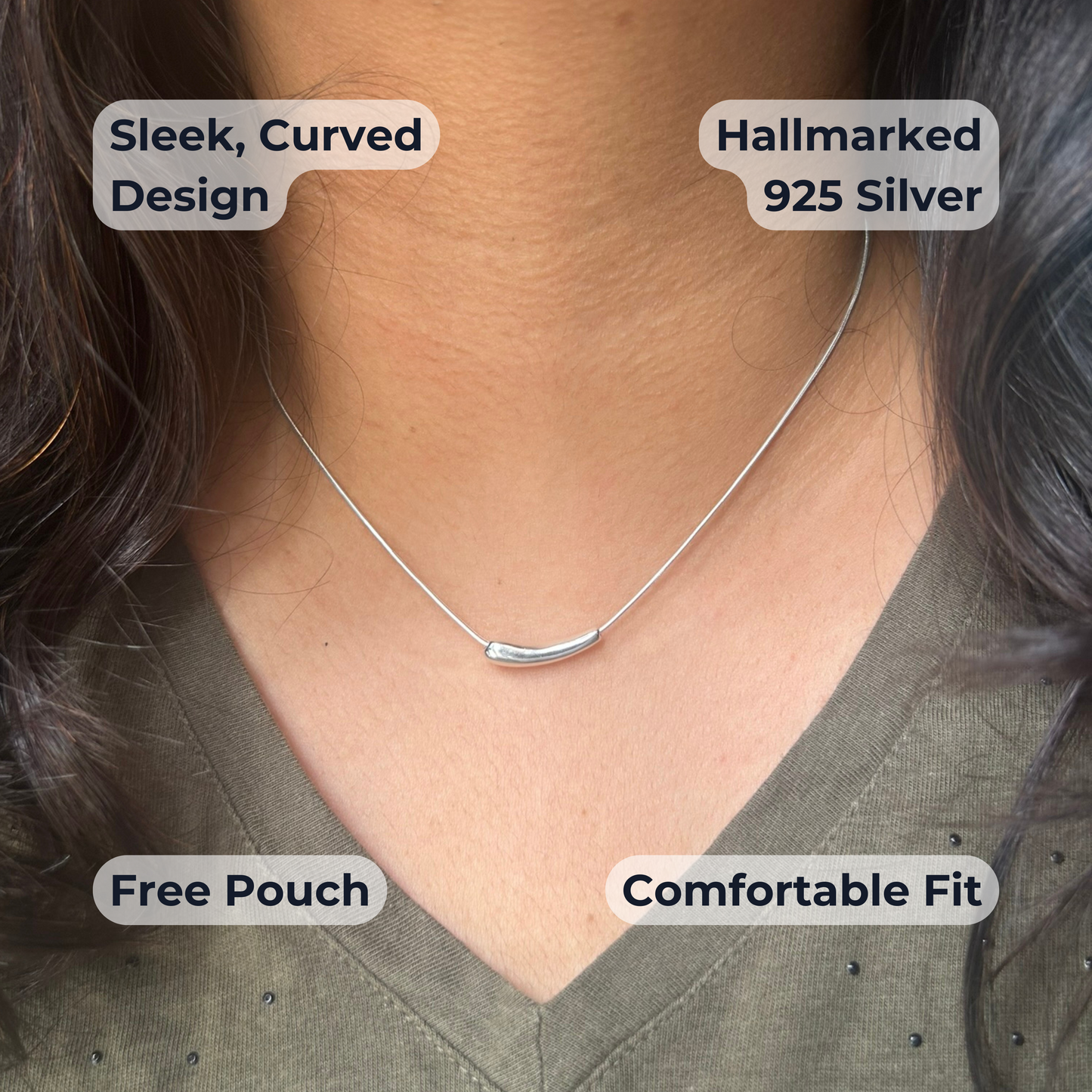 925 sterling silver solid curved bar necklace
