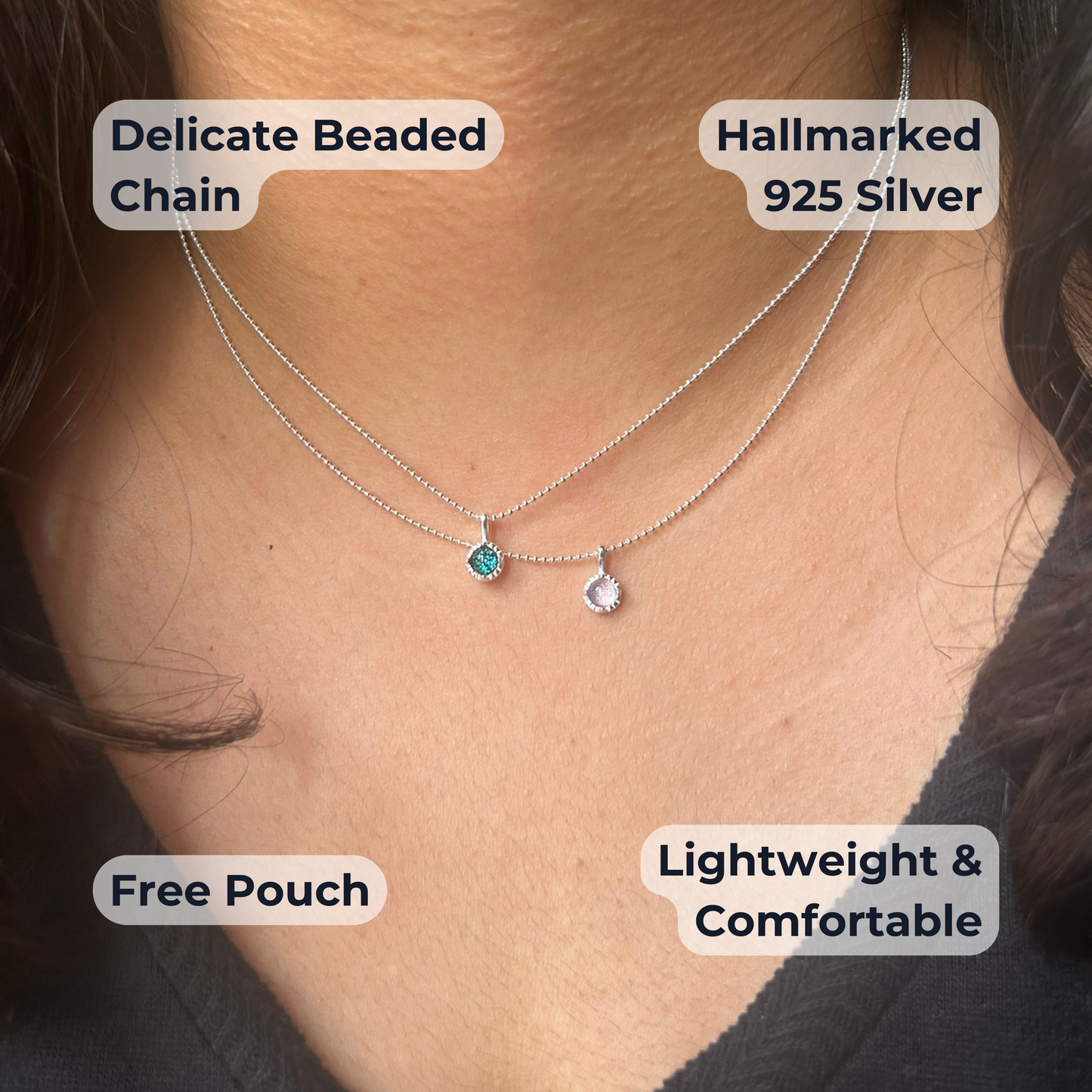 925 sterling silver halo pendant necklace with beaded chain