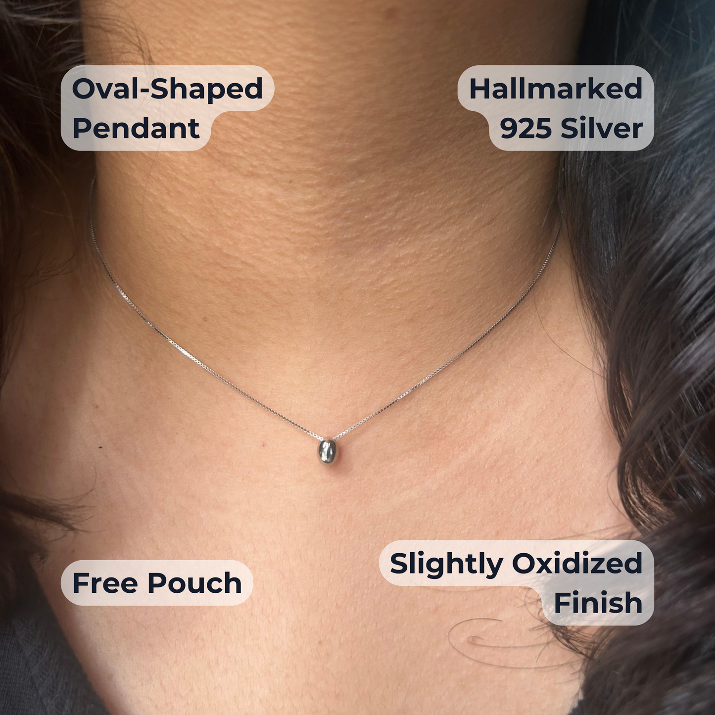 925 sterling silver oval pendant necklace with oxidized finish