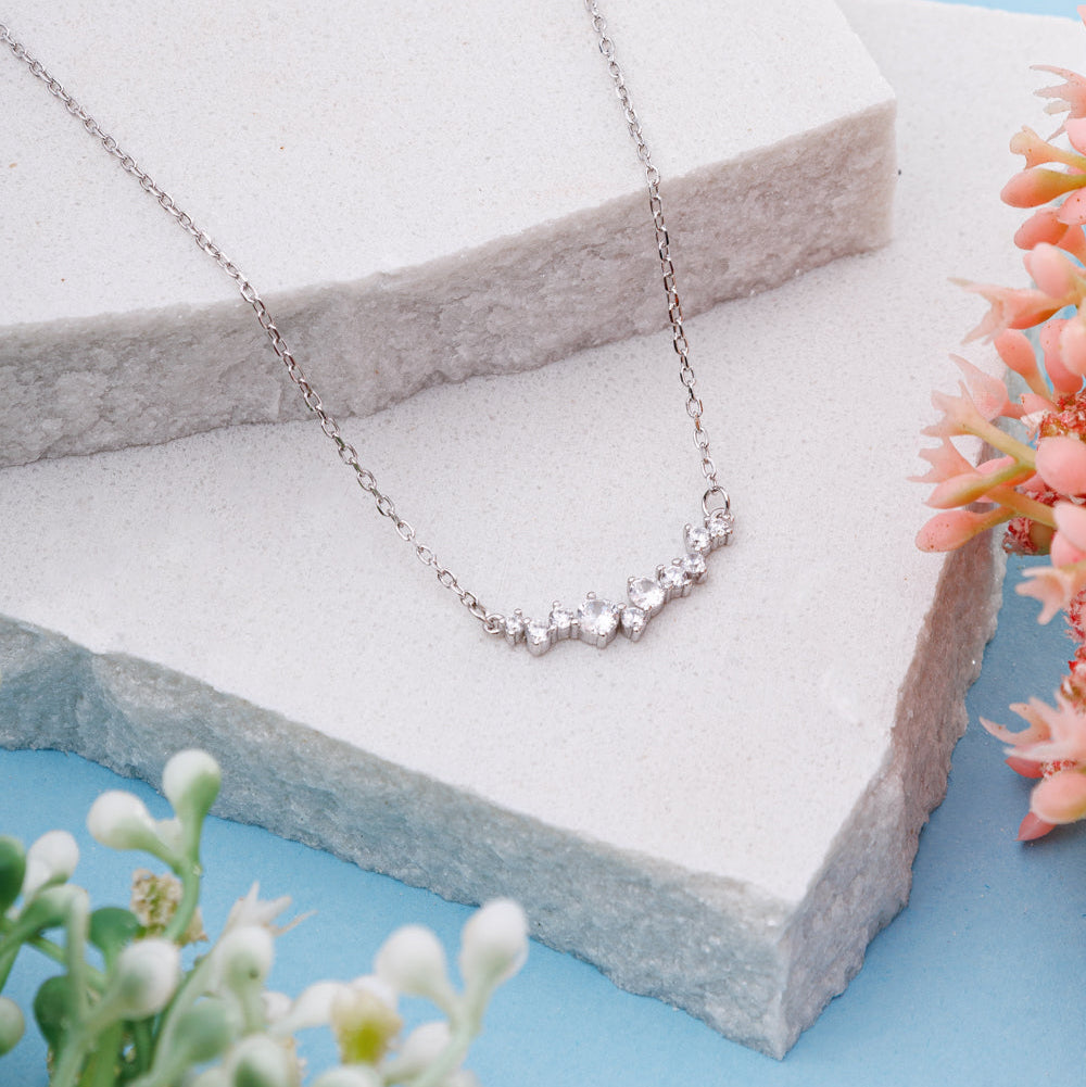 925 sterling silver curved zircon bar necklace