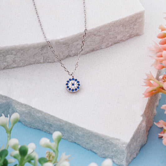 925 sterling silver evil eye pendant necklace with blue zircon