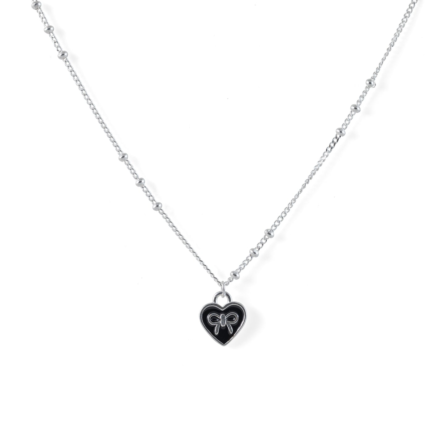 925 sterling silver heart bow pendant necklace with black enamel