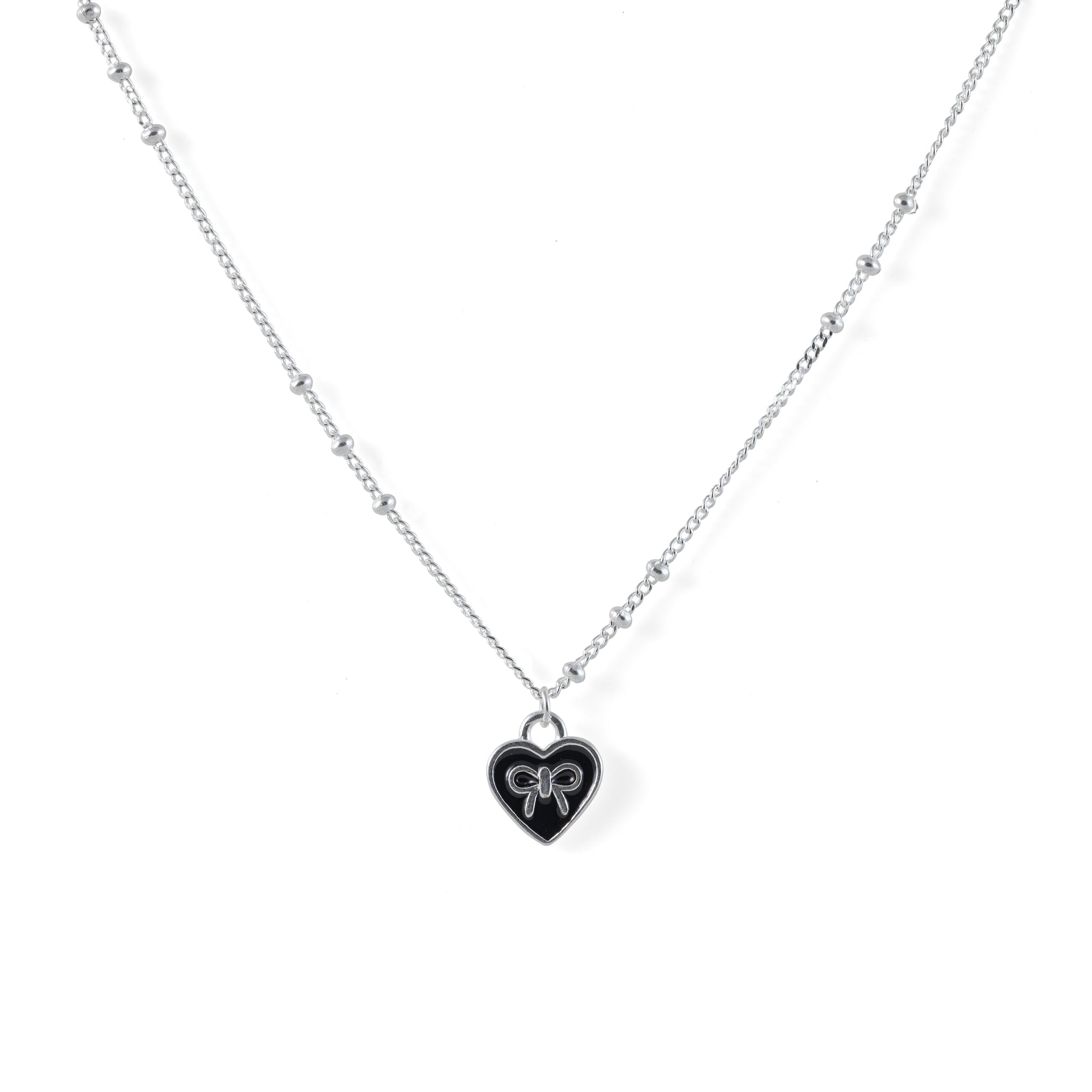 925 sterling silver heart bow pendant necklace with black enamel