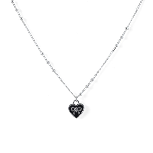 925 sterling silver heart bow pendant necklace with black enamel